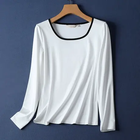 U领撞色长袖T恤针织棉打底衫女修身百搭黑白撞色秋季上衣图片