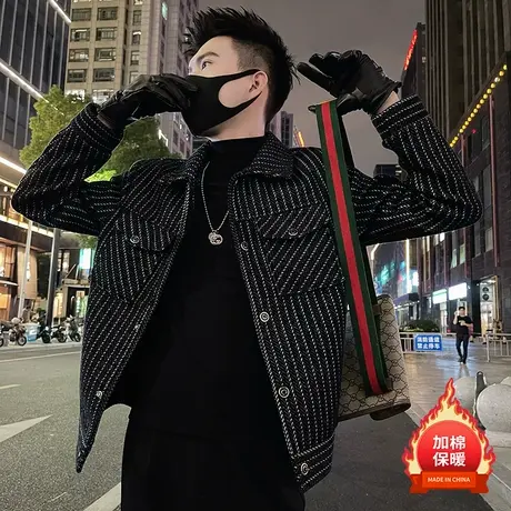 秋冬男士条纹毛呢工装夹克机车个性痞帅冬装上衣短款加厚呢子外套商品大图