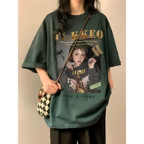 纯棉宽松短袖T恤男夏季2024新款情侣美式潮牌复古休闲圆领上衣服商品大图