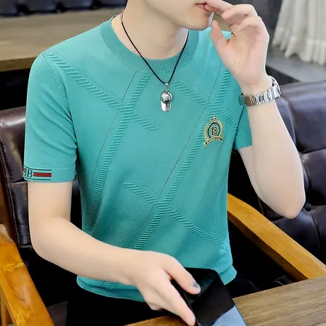 短袖男潮牌刺绣体恤圆领百搭透气上衣男士半袖薄款夏装冰丝t恤衫商品大图