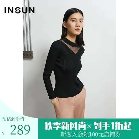 恩裳春秋季知性优雅网纱拼接圆领毛针织衫女图片