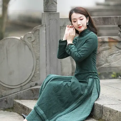 筠雅改良旗袍连衣裙女秋冬加厚高腰修身长袖绿色修身显瘦裙子R189图片