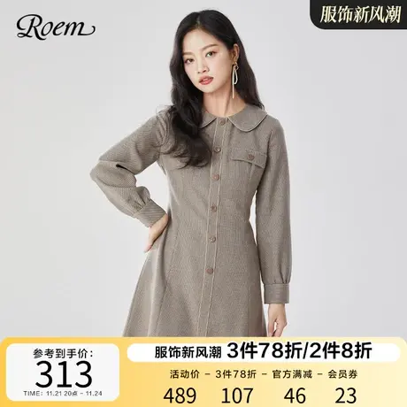 Roem商场同款甜美气质复古格纹连衣裙秋冬新款收腰显瘦长裙子女图片