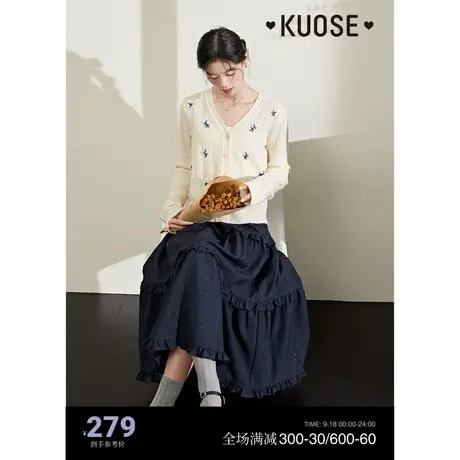 阔色v领钩花针织开衫毛衣女2023春秋季新款镂空宽松外搭长袖上衣商品大图