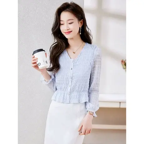 时尚气质简约短款淑女衬衫2023年春季新款淑女温柔V领显瘦上衣商品大图