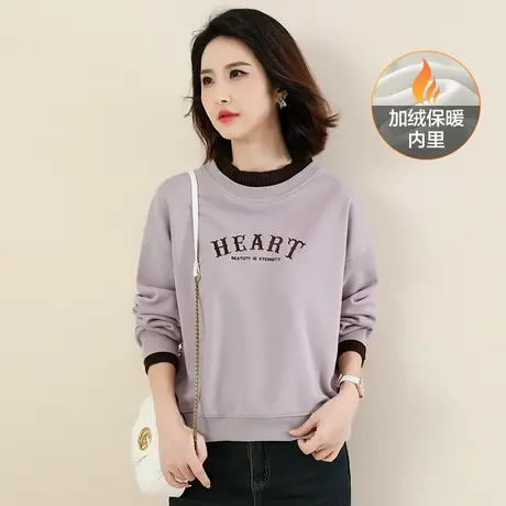 韩潮袭人 假两件圆领刺绣加绒卫衣女2023冬新款宽松百搭显瘦上衣商品大图