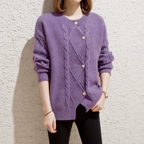 圆领针织开衫女2023秋装新款宽松外穿上衣加厚外搭麻花毛衣外套潮图片