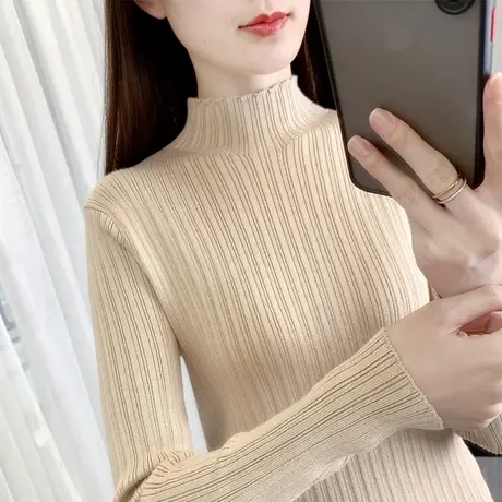 半高领毛衣女打底衫2023新款秋冬内搭中领上衣长袖修身黑色针织衫商品大图