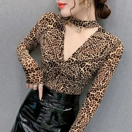 2024春秋新款性感镂空T恤女长袖加绒豹纹上衣洋气紧身内搭打底衫商品大图