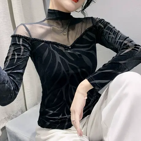 钉珠网纱T恤女长袖设计感小众漂亮印花气质上衣半高领打底衫内搭商品大图