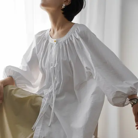 白色衬衫女士2023秋季新款气质圆领灯笼袖衬衣设计感小众上衣长款商品大图