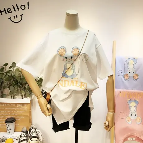 2020夏新款女短袖韩国东大门水钻亮片老鼠T恤宽松大码欧洲站小衫图片