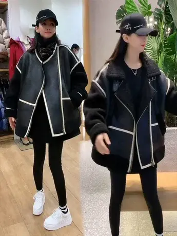 机车服女款冬款皮毛一体羊毛羔外套女2023年新款冬天网红爆款夹克图片