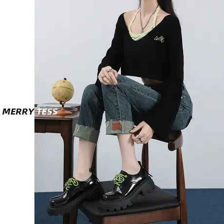 复古蓝撞色直筒牛仔裤女2023年秋季新款设计感高腰撞色卷边烟管裤商品大图