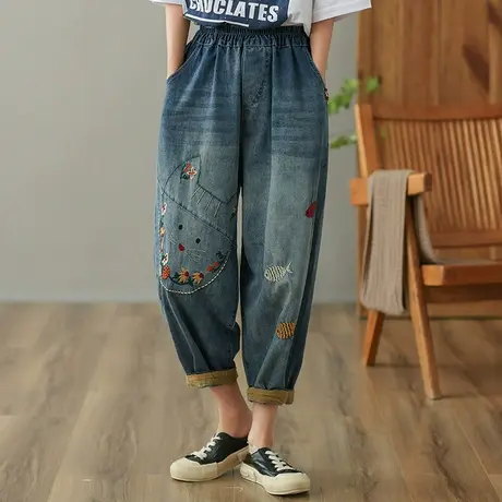 dza 高腰显瘦做旧刺绣牛仔裤女2023夏季九分直筒裤宽松百搭哈伦裤图片