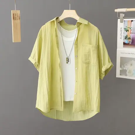 2024夏季新款纯色衬衫女短袖外搭开衫外穿宽松薄款衬衣设计感上衣图片