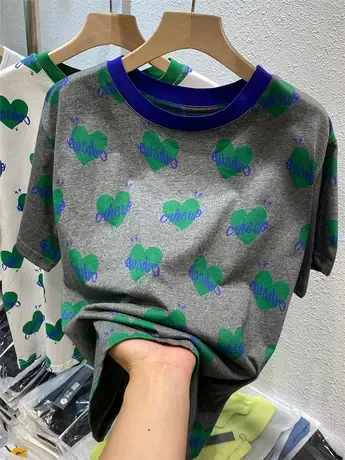 欧货设计感短袖t恤女2021夏季新款拼色爱心印花宽松半袖体恤上衣图片