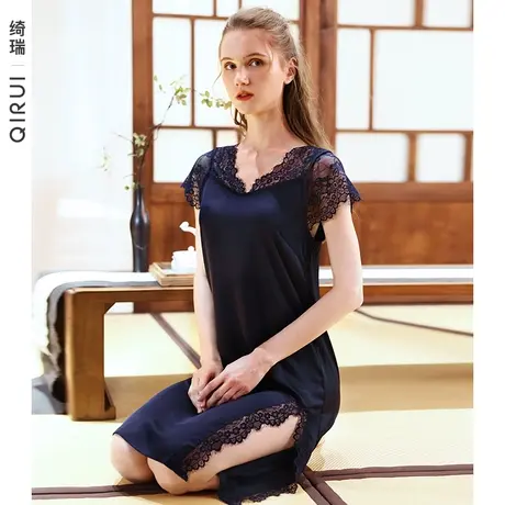 绮瑞夏季女丝绸睡裙春夏款短袖性感睡衣裙优女士雅蕾丝花边家居服商品大图