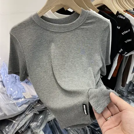 ins超火网红短袖T恤女2024新款下摆开叉短款半袖螺纹设计感上衣夏图片