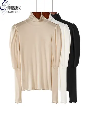 秋冬新款韩版高领荷叶边灯笼袖纯色加绒加厚长袖体恤上衣外穿女装商品大图