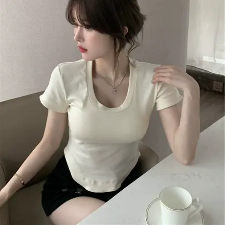 纯欲短款上衣女设计感小众夏季辣妹别致不规则修身正肩短袖T恤ins商品大图