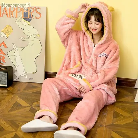 Bananagirl睡衣女秋冬珊瑚绒保暖加厚情侣睡衣法兰绒女连帽家居服商品大图