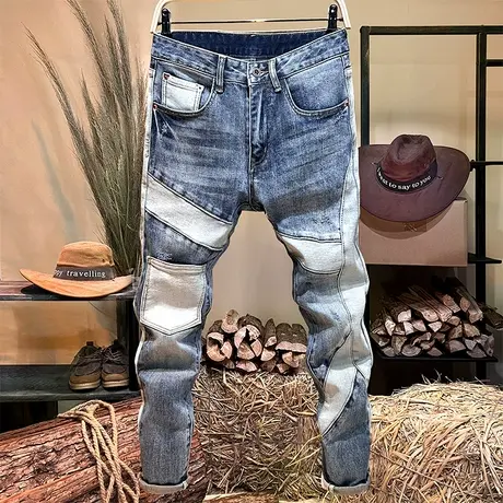 拼接撞色牛仔裤男士春秋款修身弹力裤子男潮牌痞帅个性时尚小脚裤商品大图