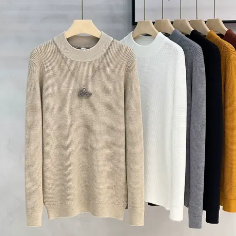 加厚宽松含羊毛半高领毛衣男2023秋冬季打底纯白色百搭中领针织衫商品大图