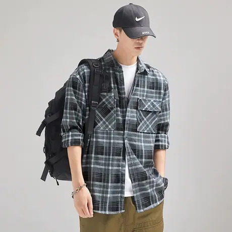 Modi Nick/摩帝尼克复古水洗工艺男士休闲衬衫宽松日系格子男士秋图片