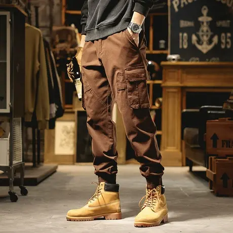 男裤2022年新款潮宽松松紧腰休闲裤个性拼接哈伦束脚裤子男工装裤商品大图