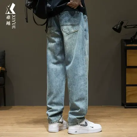 希越石墨原碳水洗美式重磅牛仔裤男秋冬宽松加肥加大码休闲直筒裤商品大图