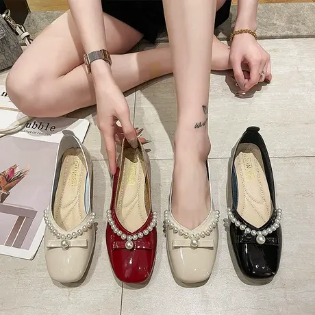 法式珍珠单鞋女浅口低跟晚晚风温柔鞋2024春季新款方头气质奶奶鞋商品大图
