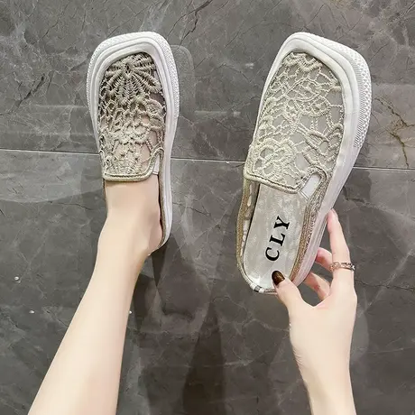 丑萌芒果大方头懒人包头半拖鞋女夏季外穿渔夫鞋新款网纱透气凉拖商品大图