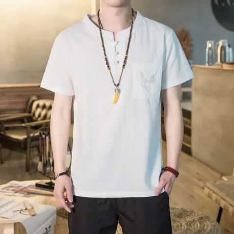 棉麻短袖t恤男士潮牌中山唐装复古上衣服刺绣中国风男装亚麻体恤商品大图
