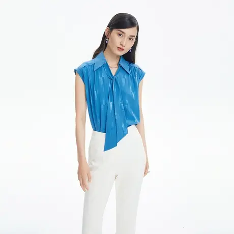 LANCY/朗姿法式女新款无袖百搭褶皱衬衫蓝色高端女装商场同款奥莱商品大图