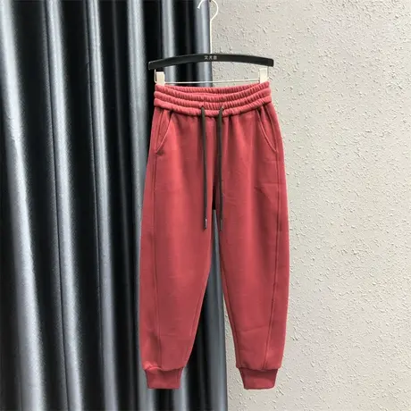 欧货加绒加厚休闲卫裤女23秋冬新款酒红色松紧高腰束脚九分运动裤图片