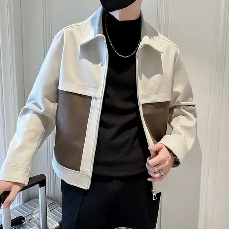 2023秋冬新款男装上衣夹克个性拼接口袋翻领小外套潮百搭呢子外套图片