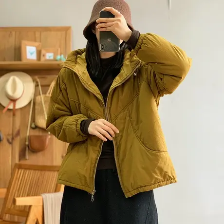 dza 复古加厚水洗连帽棉服外套女冬外穿保暖棉袄上衣宽松休闲棉衣商品大图