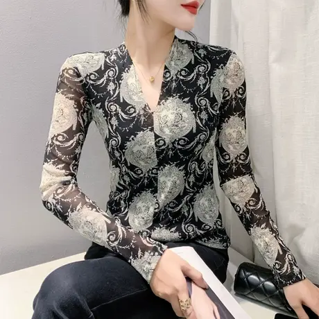 复古印花V领长袖T恤女装时尚网纱上衣洋气百搭显瘦打底小衫女春秋商品大图