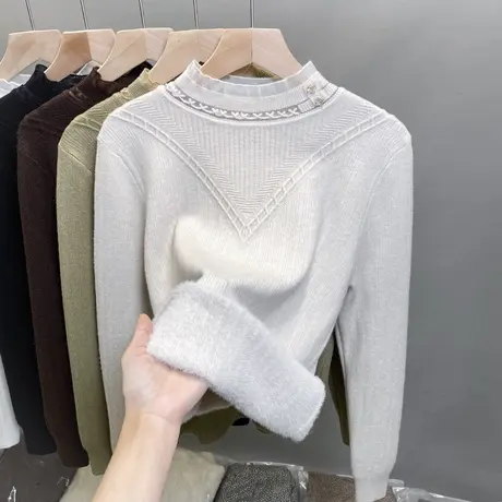 一体绒半高领毛衣女加绒厚打底衫2023秋冬新款蕾丝针织衫内搭上衣商品大图