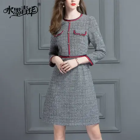 水墨青华2024春新款时尚圆领A字裙优雅修身优雅粗仿毛呢连衣裙商品大图