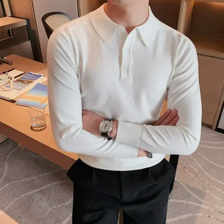 秋冬季潮牌时尚休闲纯色翻领毛衣男士针织衫内搭青年打底衫POLO衫商品大图