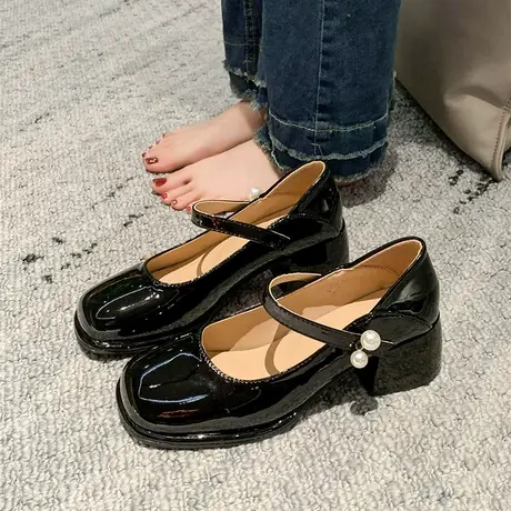 玛丽珍鞋女2024年秋冬季新款时尚方头气质单鞋法式粗跟浅口小皮鞋图片