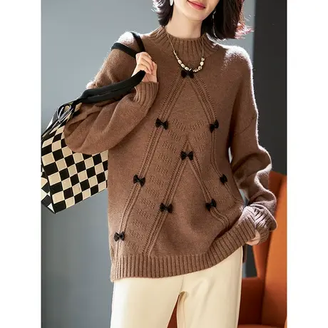 宝诗黎圆领慵懒宽松毛衣2024春季新款百搭蝴蝶结简约针织上衣女图片