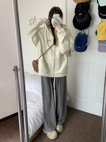 美式复古卫衣女2023秋冬季小个子宽松慵懒风连帽加绒加厚开衫外套图片