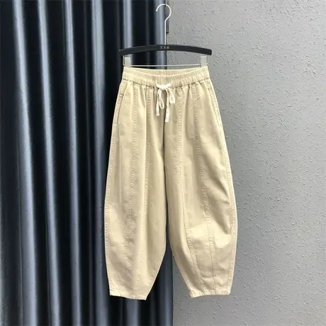 欧货卡其色松紧腰系带休闲九分裤女2024春季新款宽松显瘦哈伦垮裤图片