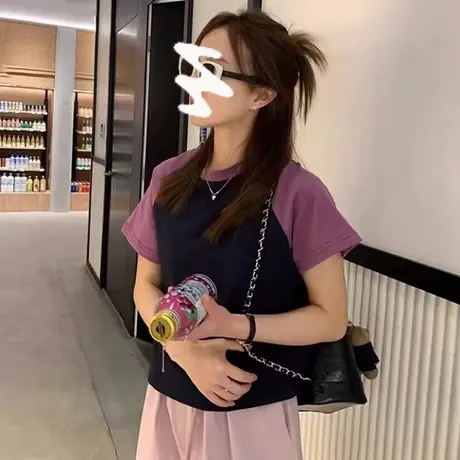 早春夏装拼色插肩短袖T恤女修身打底衫纯棉半袖小个子短款上衣服商品大图