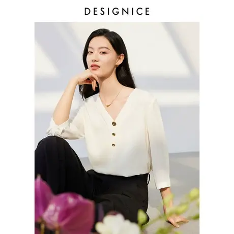 迪赛尼斯2024春新款高级感通勤风气质V领七分袖宽松雪纺衫上衣女图片
