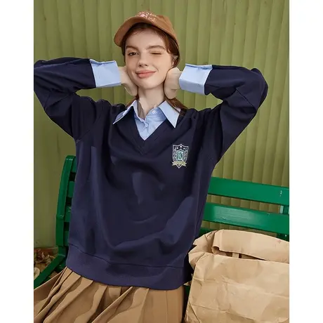 a022024春季新款假两件洋气减龄学院风显瘦撞色拼接女式卫衣图片