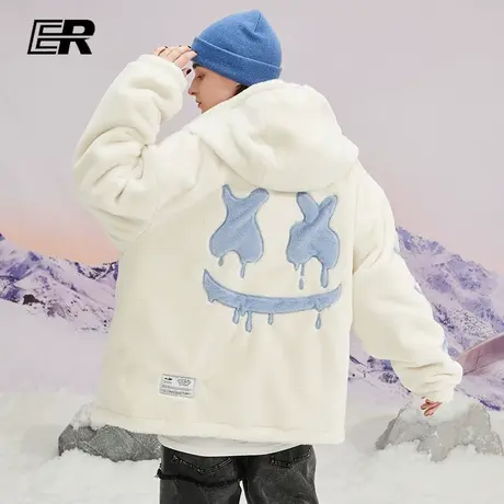 er双面穿仿兔毛连帽外套男冬季国潮牌情侣棉衣服图片